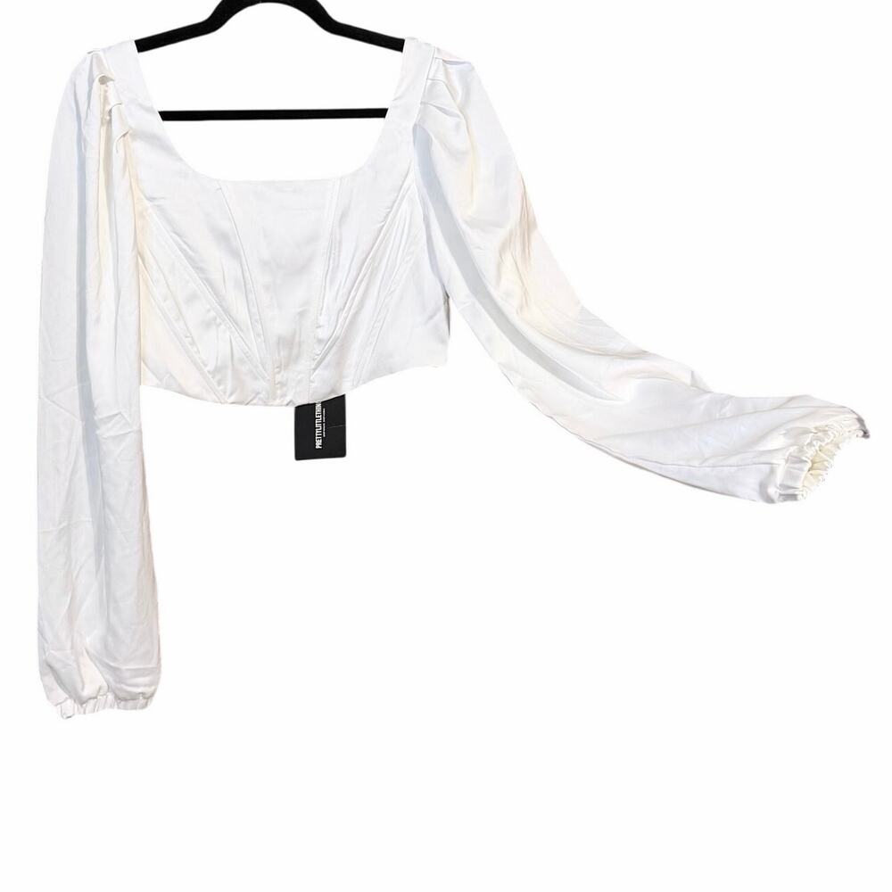 White satin balloon long sleeve white crop top coquette romantic square neck 8